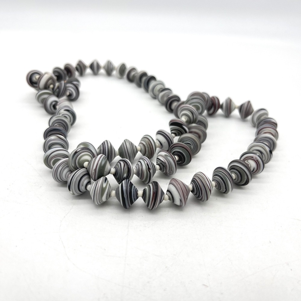 Artisan Marbled Clay Bead Necklace Grey Black White Bicone Long Strand 32 Inch